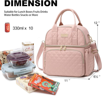 AIJIEKE Large Insulated Lunch Bag for Women, Double Compartment Leakproof Lunch Box for Work Office, Reusable Cooler Tote with Adjustable Strap & Side Pockets for Adults Picnic Beach, Pink