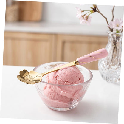 Ipetboom 4pcs Dessert Spoons with Ergonomic Ceramic Handles Multipurpose Flower Design Coffee and Cake Spoons for Household Kitchen Use Pink Gold Cherry Blossom