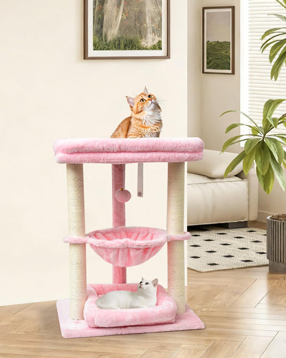 SYANDLVY Small Cat Tree for Indoor Cats with Top Perch, Middle Hammock & Bottom Bed, Natural Sisal Scratching Post Tower with Hanging Bell Ball & Anti-Tip Strap, Stable Indoor Cat Furniture, Pink