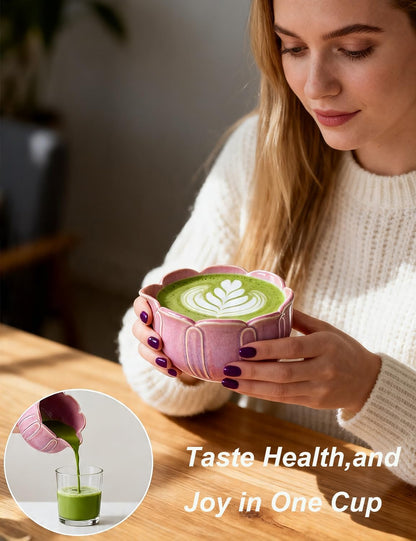Matcha Set, 9 Pcs Lotus Matcha Whisk Set with Spout,18oz Ceramic Matcha Kit Chasen, Matcha Bowl Set Bamboo Japanese Matcha Making Kit, Cute Matcha Gifts Tools for Tea (Pink)