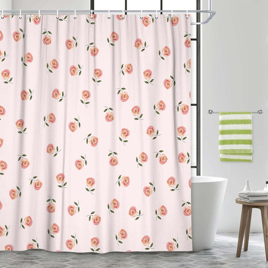 Pink Watercolor Rose Shower Curtain, Cute Floral Peach Rose Waterproof Fabric Bath Curtain with Hooks, Romantic Vintage Flower Bathroom Decor for Bathtub & Shower Stall 72X72IN