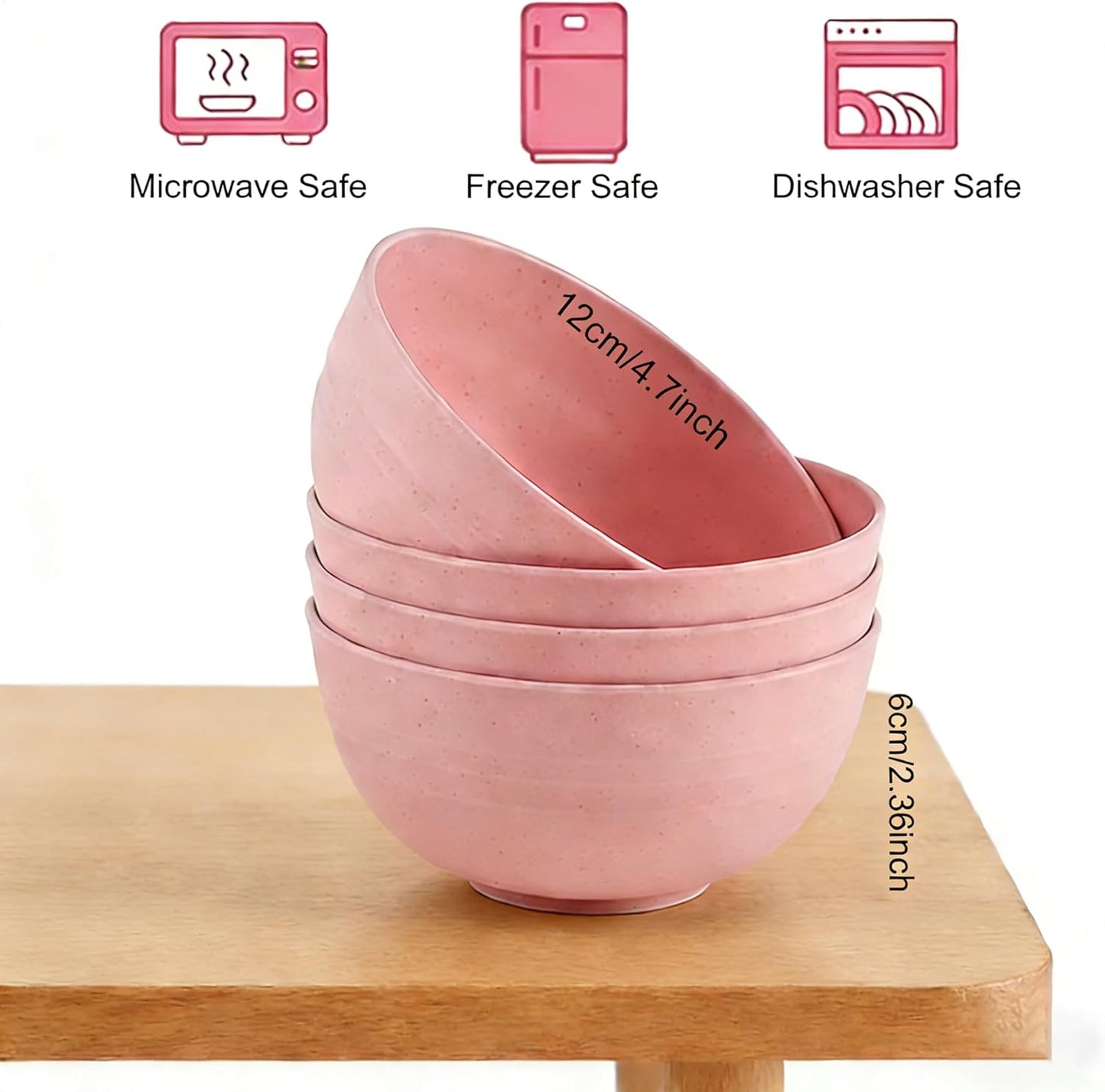 Set of 6 Wheat Straw Bowls, Unbreakable Cereal Bowls, 685ml Capacity, Microwave and Dishwasher Safe, Lightweight, Stackable Salad Bowls for the Kitchen (Pink)