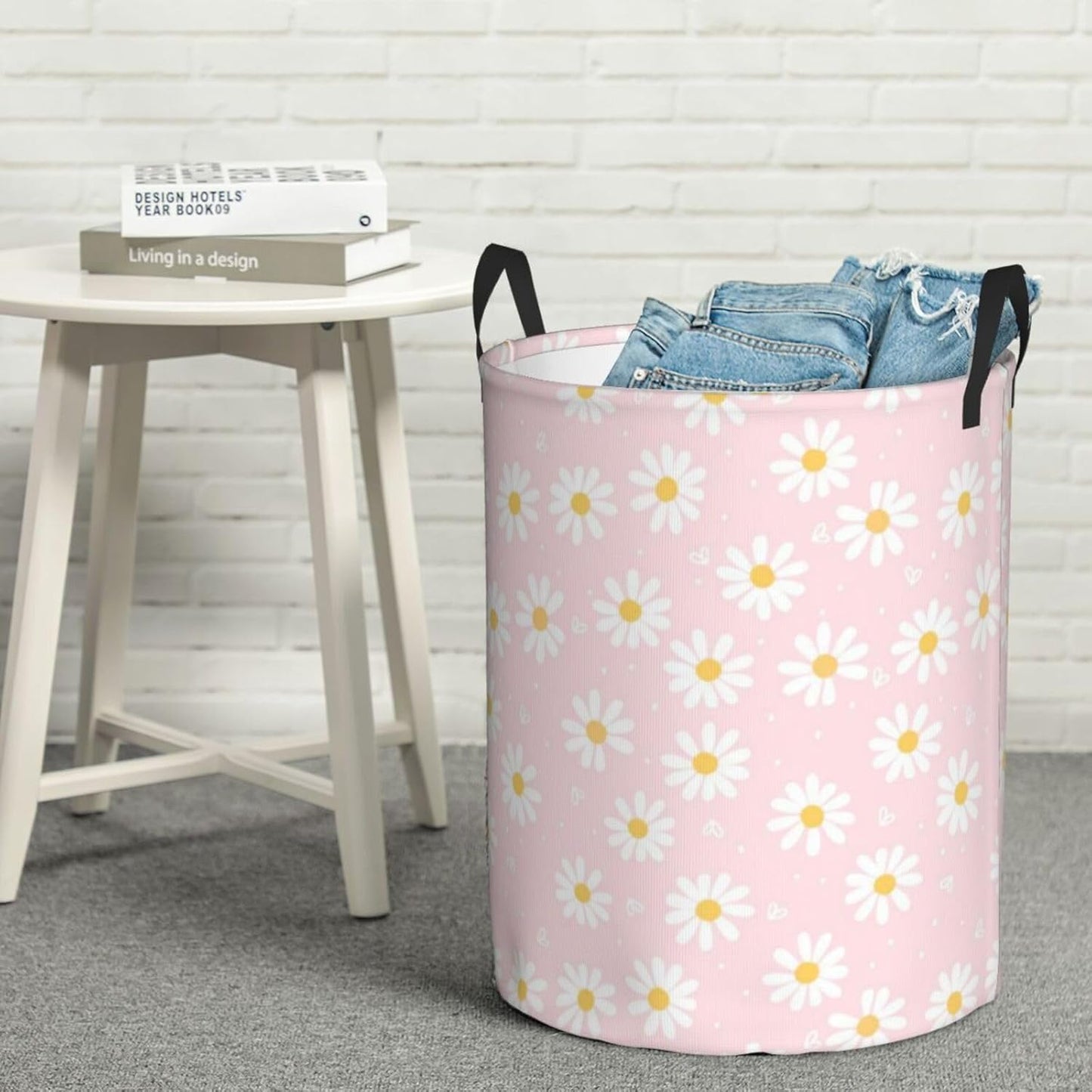 Pink Daisy Flower Large Laundry Basket,Collapsible Laundry Hamper With Handle Floral Room Decor,Round Waterproof Dirty Clothes Hamper Toy Organizer Storage Basket Gift for Home Bedroom Bathroom Decor