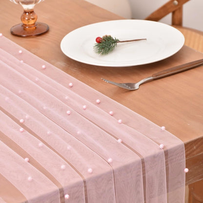 Joanlody Pearl Table Runner 10ft Rustic Boho Summer Tulle Runner with Pearls for Baby Shower Wedding Party Veil Dessert Table Decor Pink