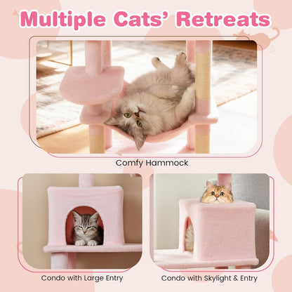 Tangkula Pink Cat Tree for Indoor Cats, 75 Inch Extra Tall Cat Tower with Sisal Scratching Post, Padded Top Perch, Dual Condos, Hammock, 2 Dangling Balls, Platforms, Multi-level Cat Climbing Furniture