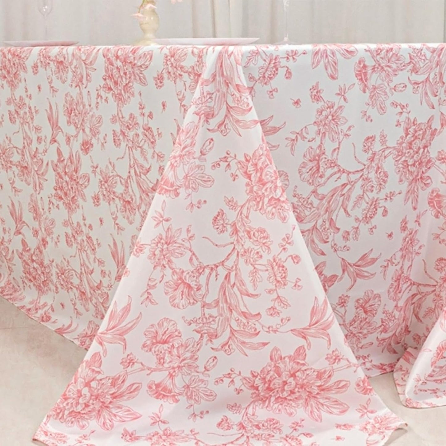 Efavormart Polyester Rectangular Tablecloth 90"x132" White with Pink French Toile Pattern - Sophisticated Table Cover for Chic Weddings & Events