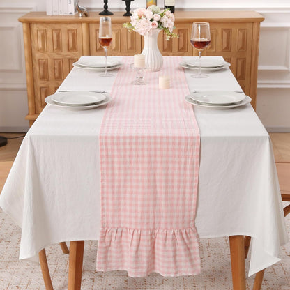Peachy Blush White Plaid Gingham Ruffle Table Runner 108 inches Long 100% Washed Cotton Decorative Farmhouse Cabinet Cover (Blush, 108"x13")