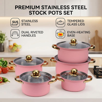 Zerodis 5Pcs Stainless Steel Stock Pot Sets, 16cm/18cm/20cm/22cm/24cm Sauce Pans with Transparent Glass Lids and Handles for Kitchen Cooking Boiling Frying Stewing (Pink)