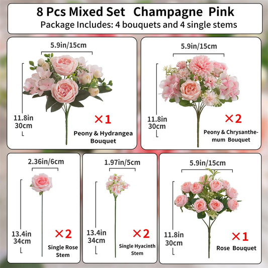 8 Pcs Mixed Artificial Peony Flowers Set-4 Bouquets & 4 Stems, Pink Fake Peony Rose Hydrangea Flowers for Vase Silk Floral Arrangements for Table Centerpiece Wedding Party Bridal Decoration Home Decor