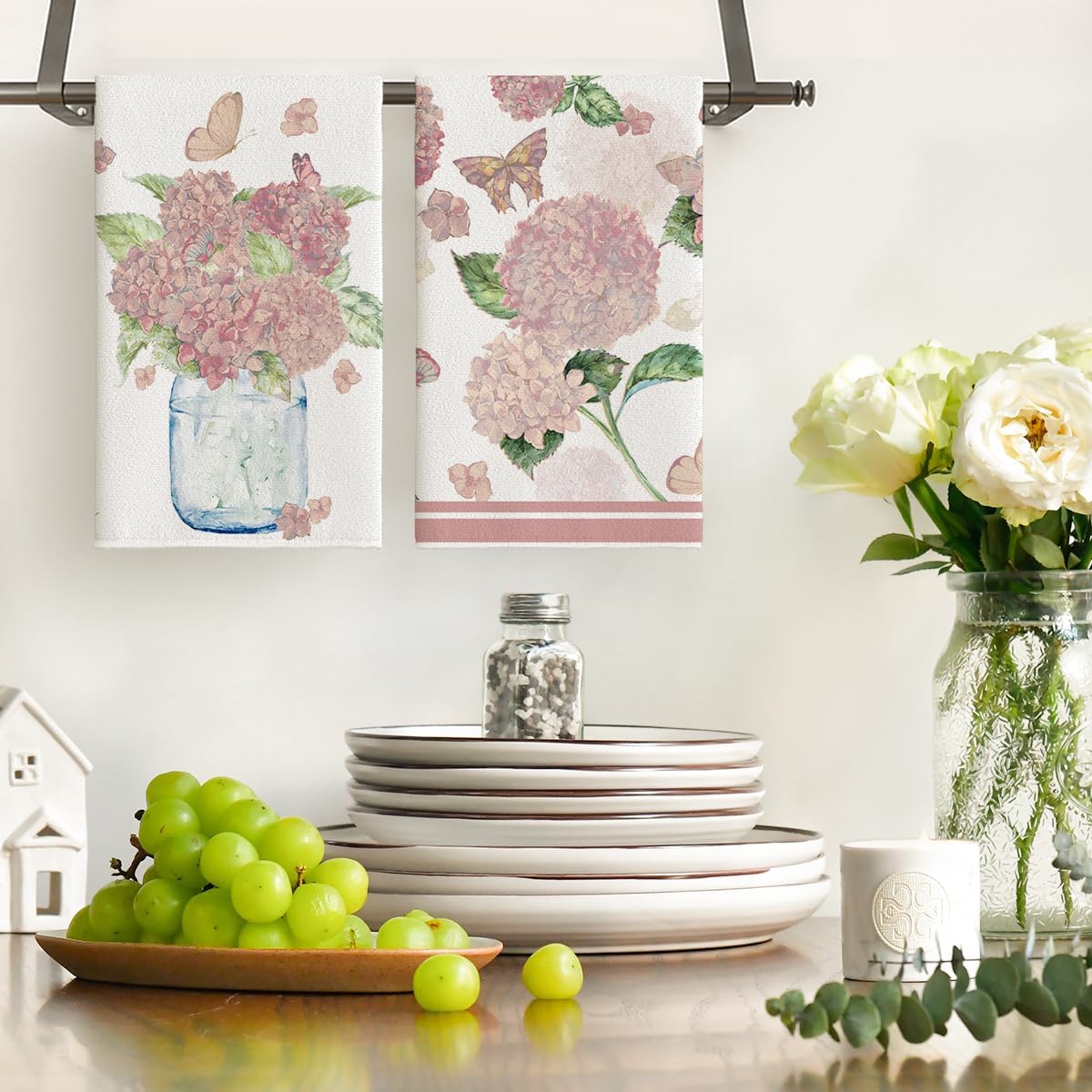 Artoid Mode Pink Hydrangea Vase Butterfly Spring Kitchen Towels Dish Towels, 18x26 Inch Summer Flowers Holiday Decoration Cleaning Set of 2