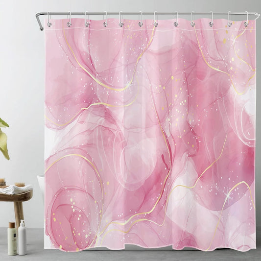 HVEST Modern Marble Shower Curtain, Pink and Gold Luxurious Marble Bathroom Curtain with Hooks, Abstract Art Bath Curtain Polyester Fabric Bath Decor Accessories, 72x72 Inches,YL30460Q