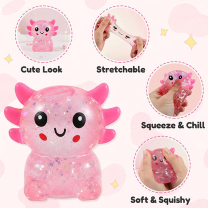 Glitter Axolotls Squishies Toy, Stretchy Axolotls Stress Ball, Soft Squeeze Sensory Fidget Toys for Kids Adults, Cute Easter Basket Stuffers Party Favors Classroom Prizes（Pink）