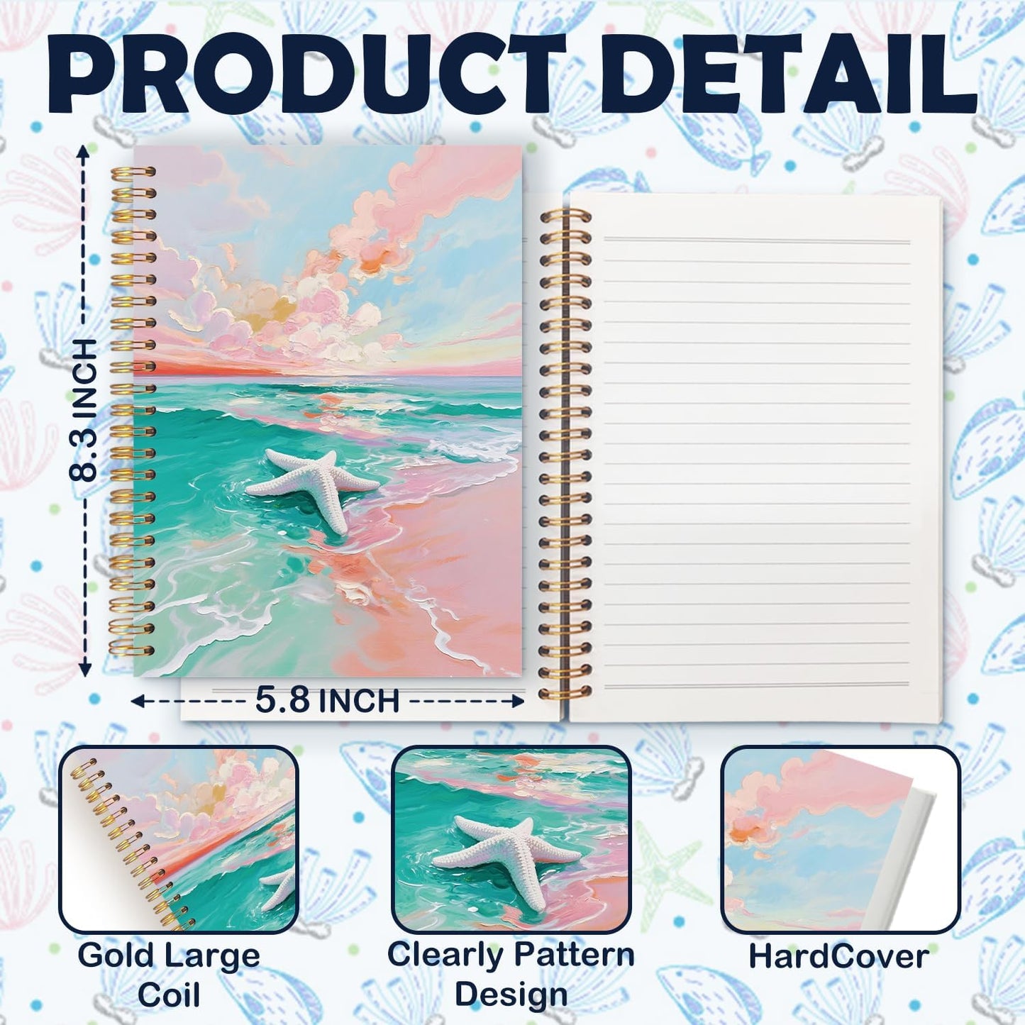 Pink Pastel Starfish Beach Notebook Journal 5.5x8.3, Starfish Gifts for Beach Lovers, Preppy Beachy Coastal Ocean Spiral Hardcover Journal Notebook for Work Study Note Taking