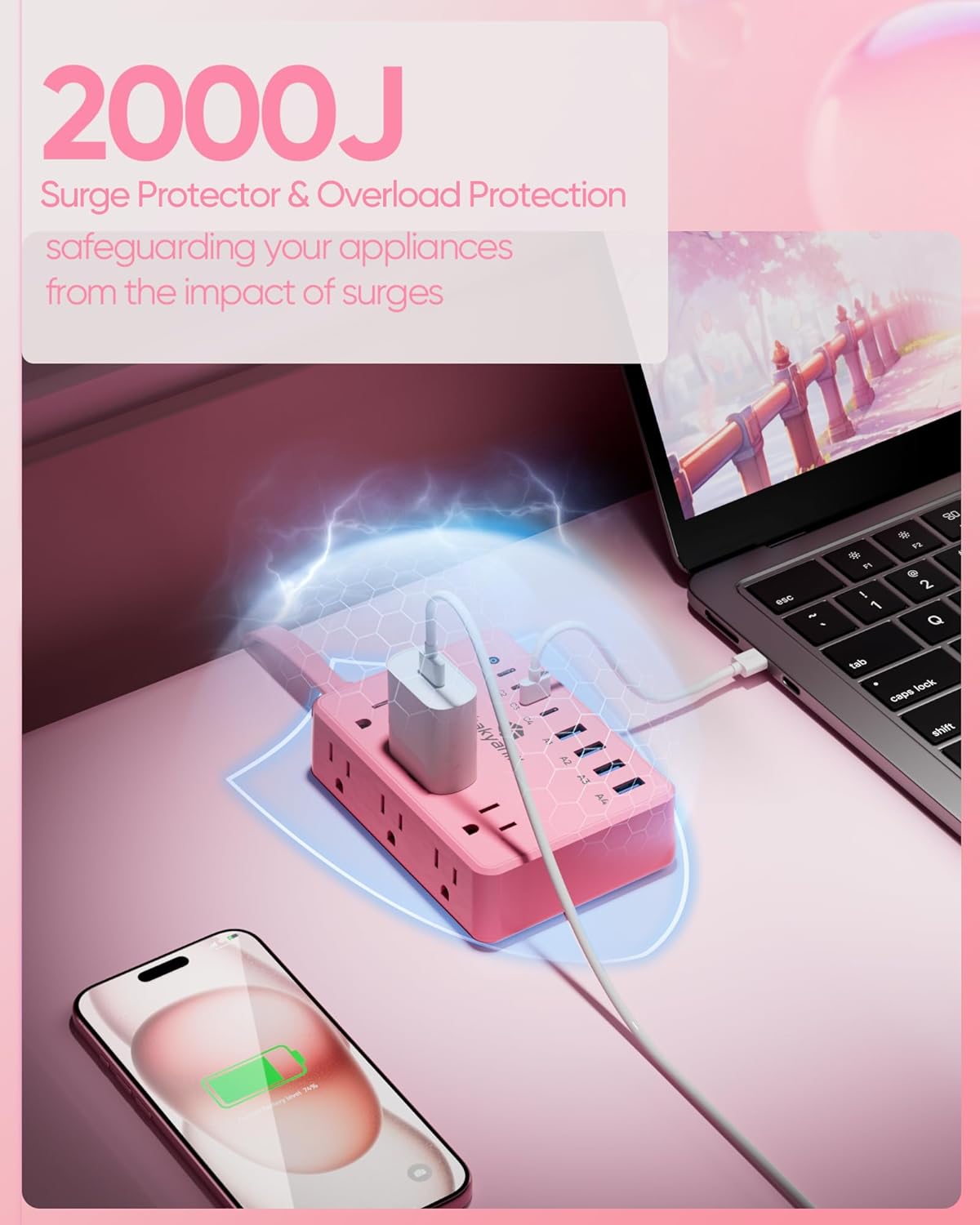 Kakyanill Pink Power Strip, 6 AC Outlets 8 USB Ports(4 USB C) with 2000J Surge Protector, 5ft Flat Plug Pink Extension Cord, Compact for Desk Home, Office, Dorm