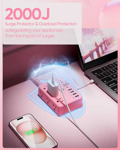 Kakyanill Pink Power Strip, 6 AC Outlets 8 USB Ports(4 USB C) with 2000J Surge Protector, 5ft Flat Plug Pink Extension Cord, Compact for Desk Home, Office, Dorm