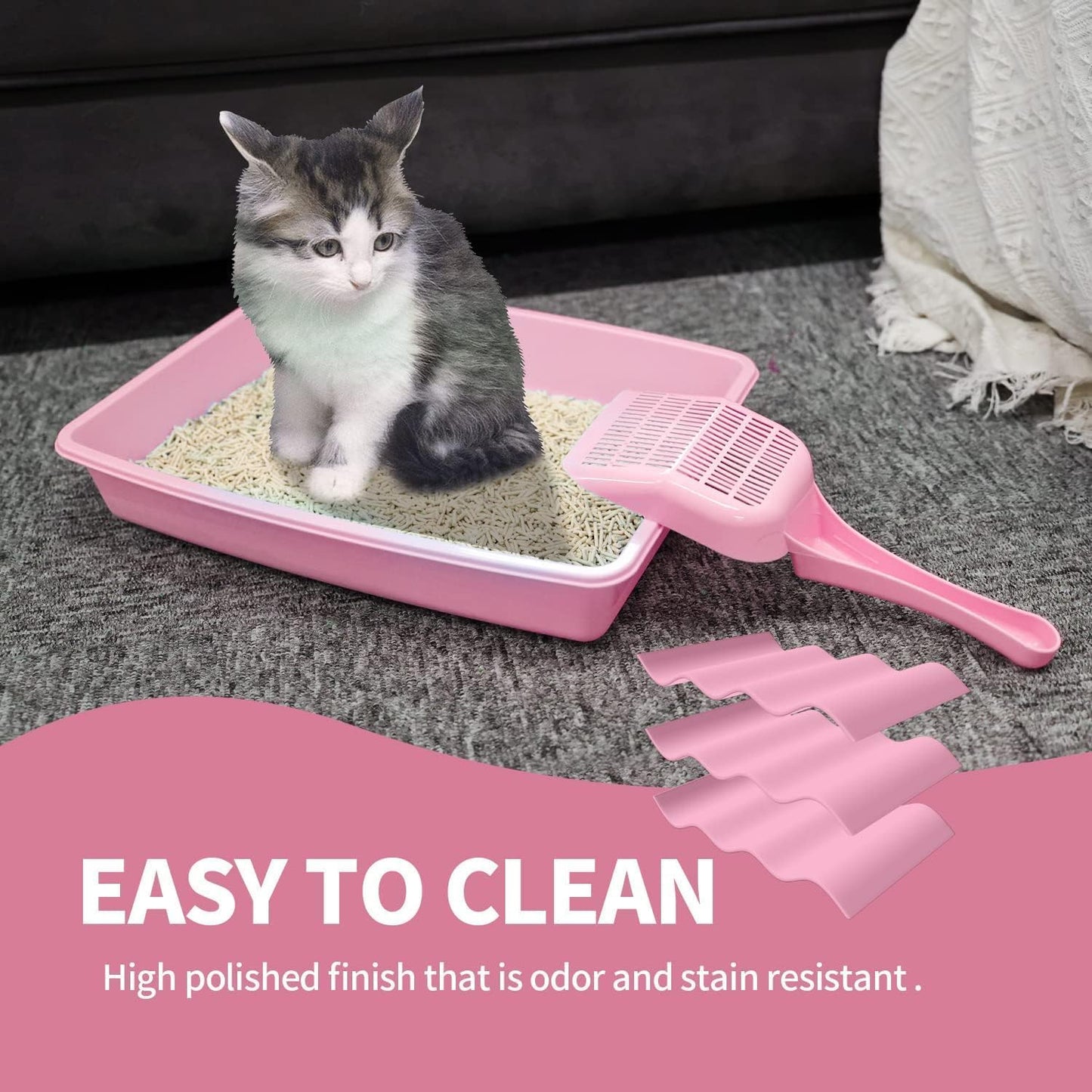 PAWISE Small Cat Litter Box,14.3 x 10.6 x 2.5 Kitten Litter Box Starter Kit,Low Entry Baby Kitten Training Litter Box with Scoop, Bowls,Cat Mouse Toy and Ball Toy,First Catty Owner Essentials(Pink)