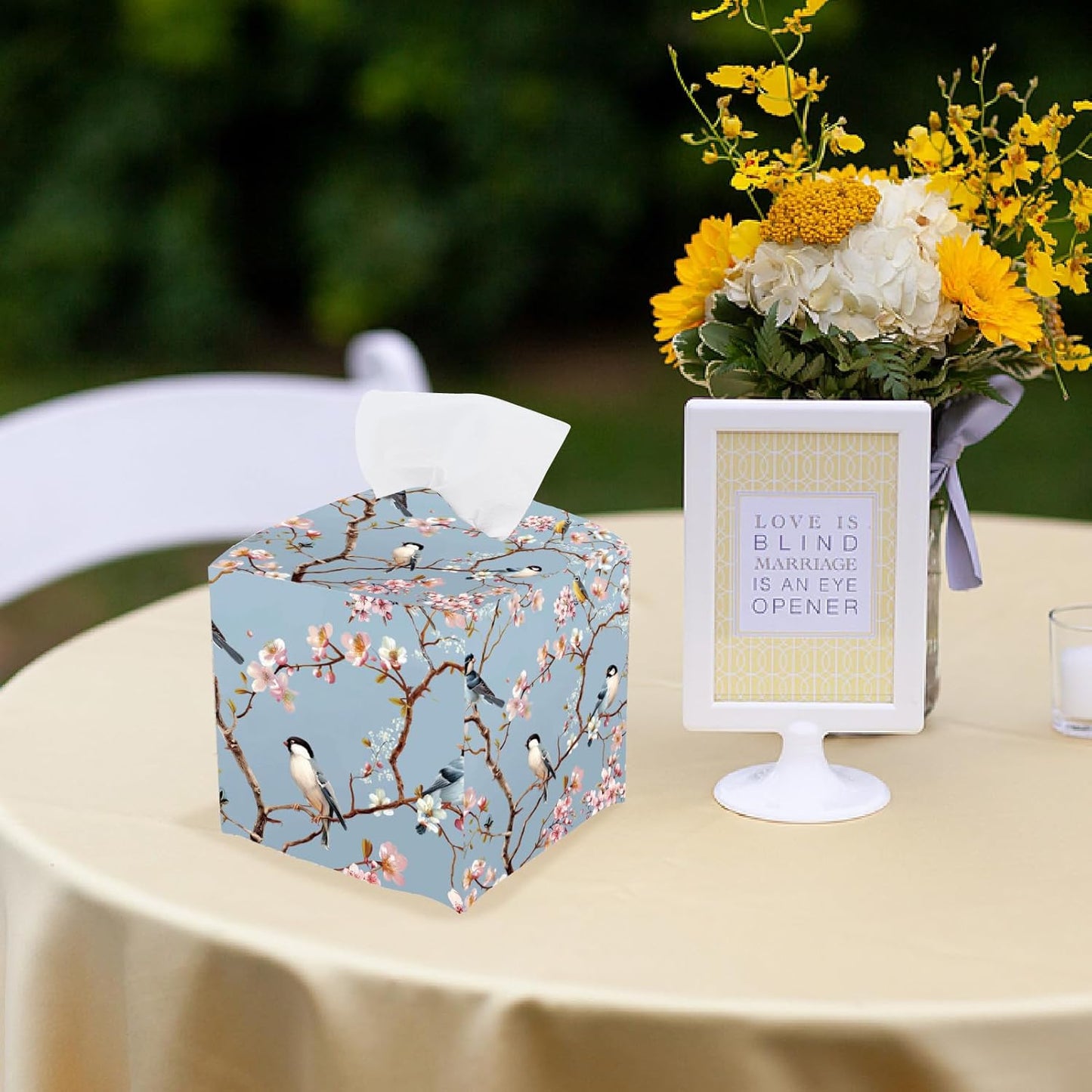 Bird Tissue Box Cover Pink Floral Tissue Box Holder Square Bird on Blossoming Branch Leather Waterproof Facial Paper Organizer Dispenser for Bathroom Bedroom Kitchen Vanity Home Car Office