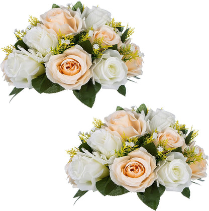 NUPTIO Flower Balls Table Centerpieces: Peachy Champagne & White Fake Rose | Artificial Floral Bouquet Arrangement 2 Pcs 9.5 inch for Wedding Bridal Shower Party Decorations