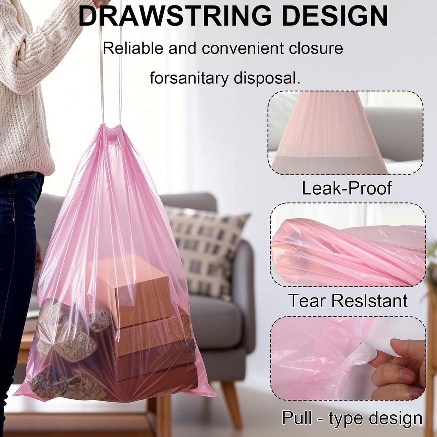 30 Gallon Drawstring Trash Bags, 30 Count Heavy Duty Garbage Bags, Extra Thick, Tear & Leak Resistant, for Kitchen, Office, Home, Hospital, Large Bins (Pink)