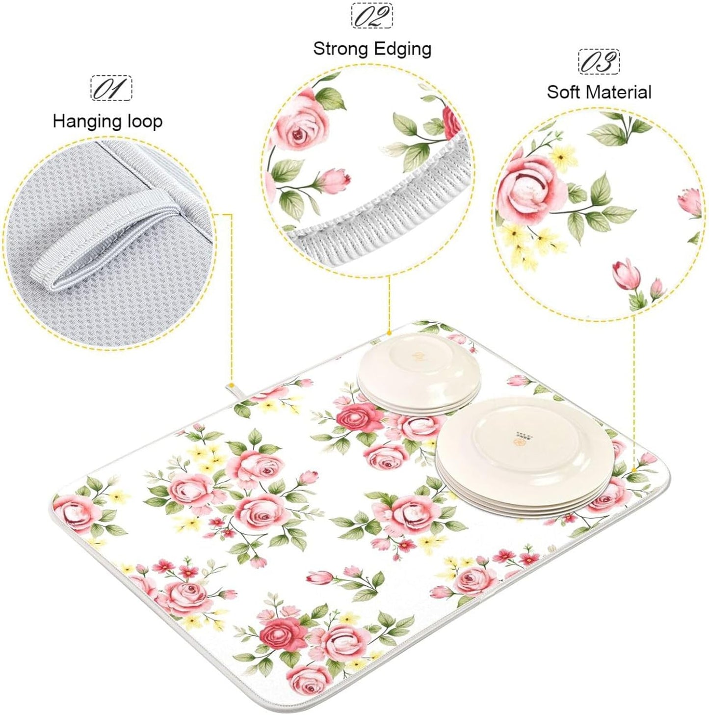 Flower Dish Drying Mat for Kitchen Counter, Pink Rose Flower Floral Drying Pad Absorbent Dishes Drainer Mats Trivet 16 x 18 Inch
