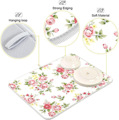 Flower Dish Drying Mat for Kitchen Counter, Pink Rose Flower Floral Drying Pad Absorbent Dishes Drainer Mats Trivet 16 x 18 Inch