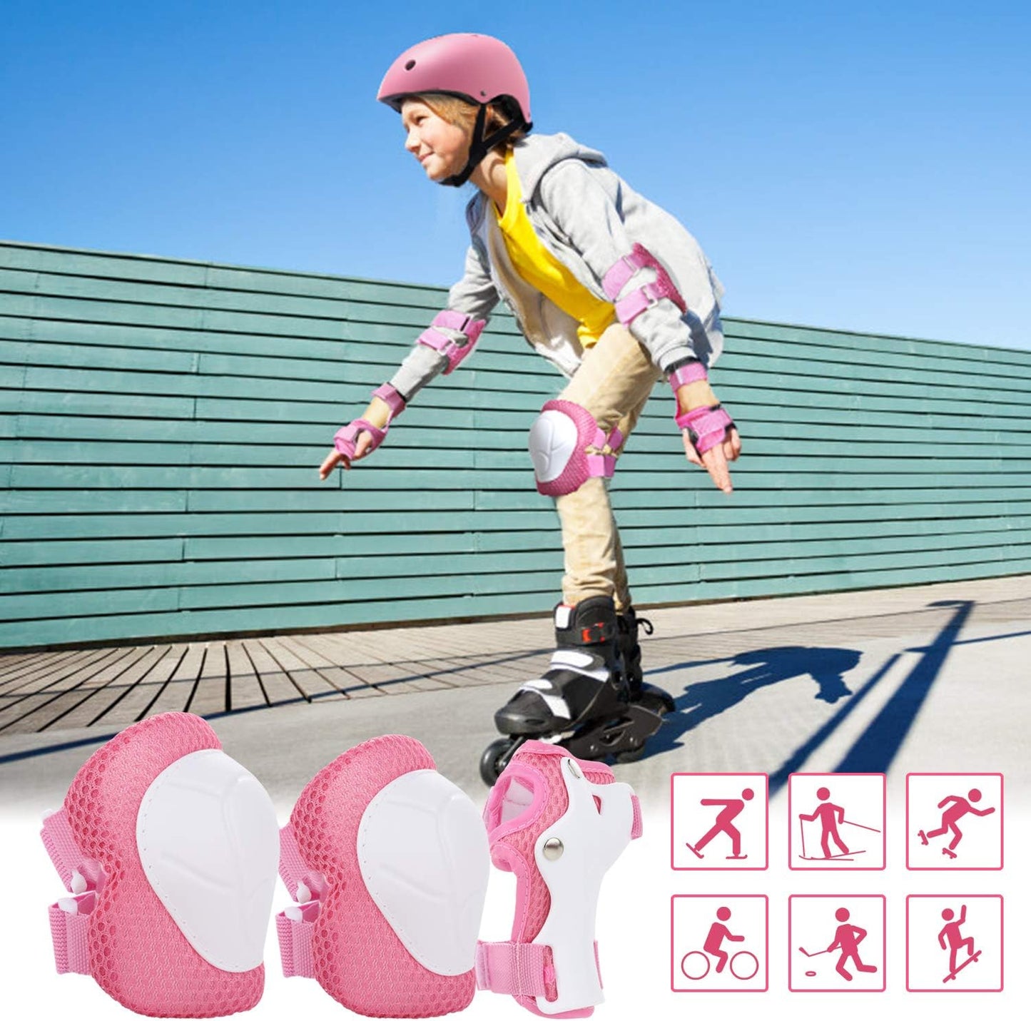 WayEee Kids Bike Helmet Set Skateboard Knee Pads, Helmet Pad Set Protective Gear Set Adjustable for Girls Kids 3-14 Helmet Elbow Pads Wrist Guards for Sport Cycling Bike Roller Skating Scooter