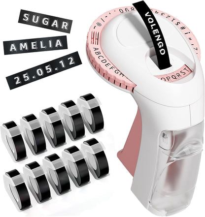Pink Embossing Label Maker, Scrapbook Supplies Junk Journal Kits, Vintage Embossed Manual Labelmaker with 10 Rolls 3D Tapes, Retro Old School Embosser for DIY Crafts & Scrapbooking, Omega S