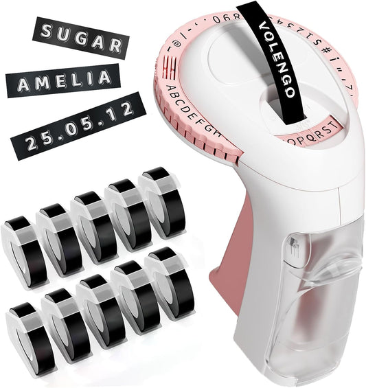 Pink Embossing Label Maker, Scrapbook Supplies Junk Journal Kits, Vintage Embossed Manual Labelmaker with 10 Rolls 3D Tapes, Retro Old School Embosser for DIY Crafts & Scrapbooking, Omega S