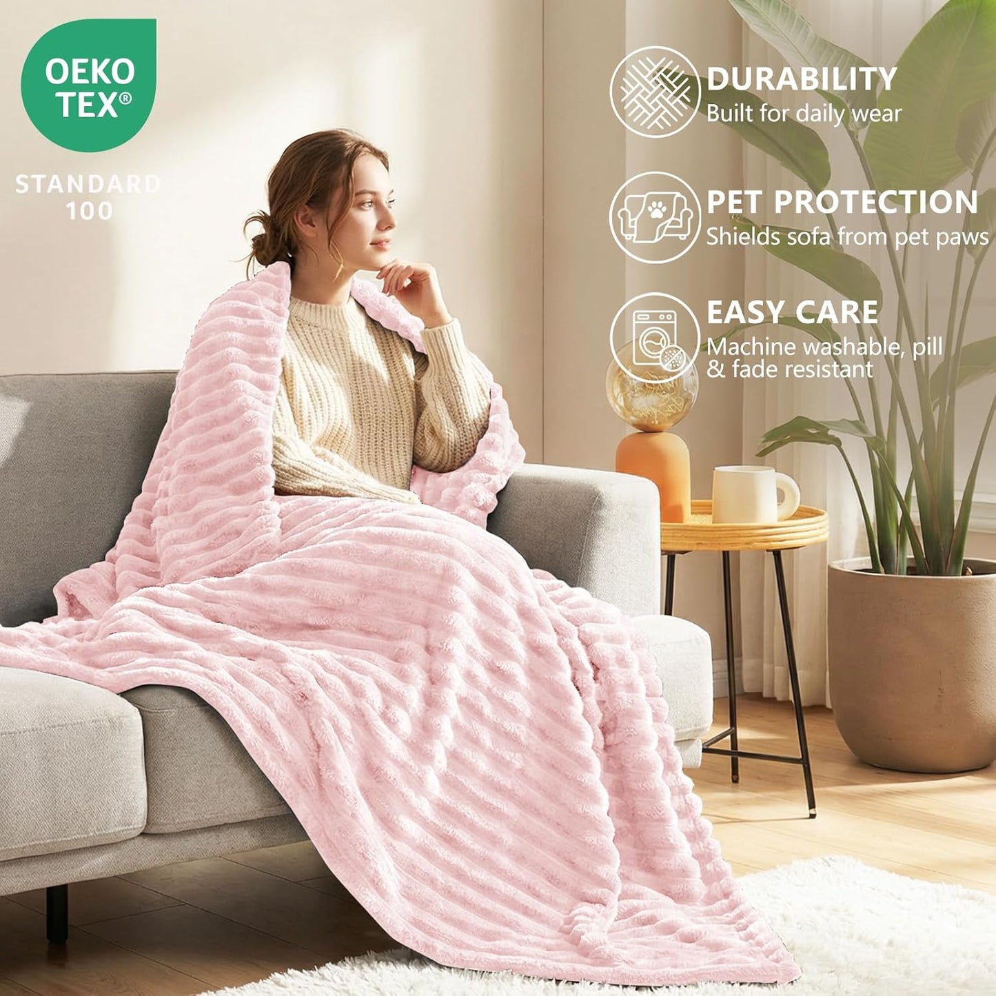 HIMEET Fleece Pink Throw Blanket for Bed - 300GSM Ribbed Soft Cozy Blanket for Couch, Graduation Birthday Gifts for Women Girls Her, College Dorm Essentials Aesthetic Room Throws, 50x60 Inches