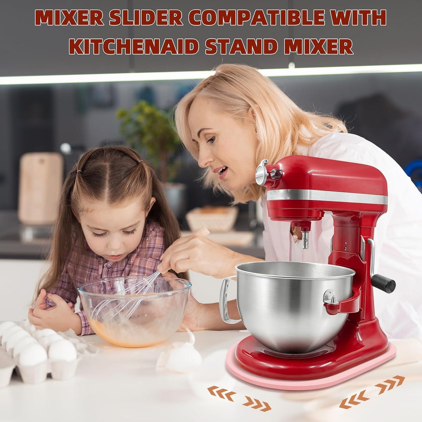 Mixer Slider Compatible with 5.5-8 QT Kitchen Aid Stand Mixers, Kitchen Countertop Storage Mover Sliding Caddy Mixer Slider Mat for Kitchen Aid Stand Mixer Accessories Attachment (Pink)