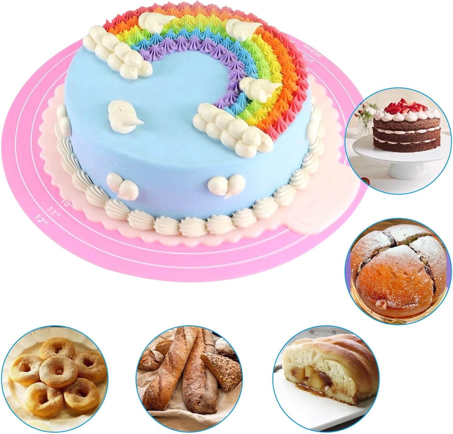 12 Inch Round Silicone Cake Mat with Measurements, Non-Stick Baking Mat for Cake Turntable, Dough Rolling, Cookies & Pizza, Heat Resistant Reusable Pastry Pad(Pink)