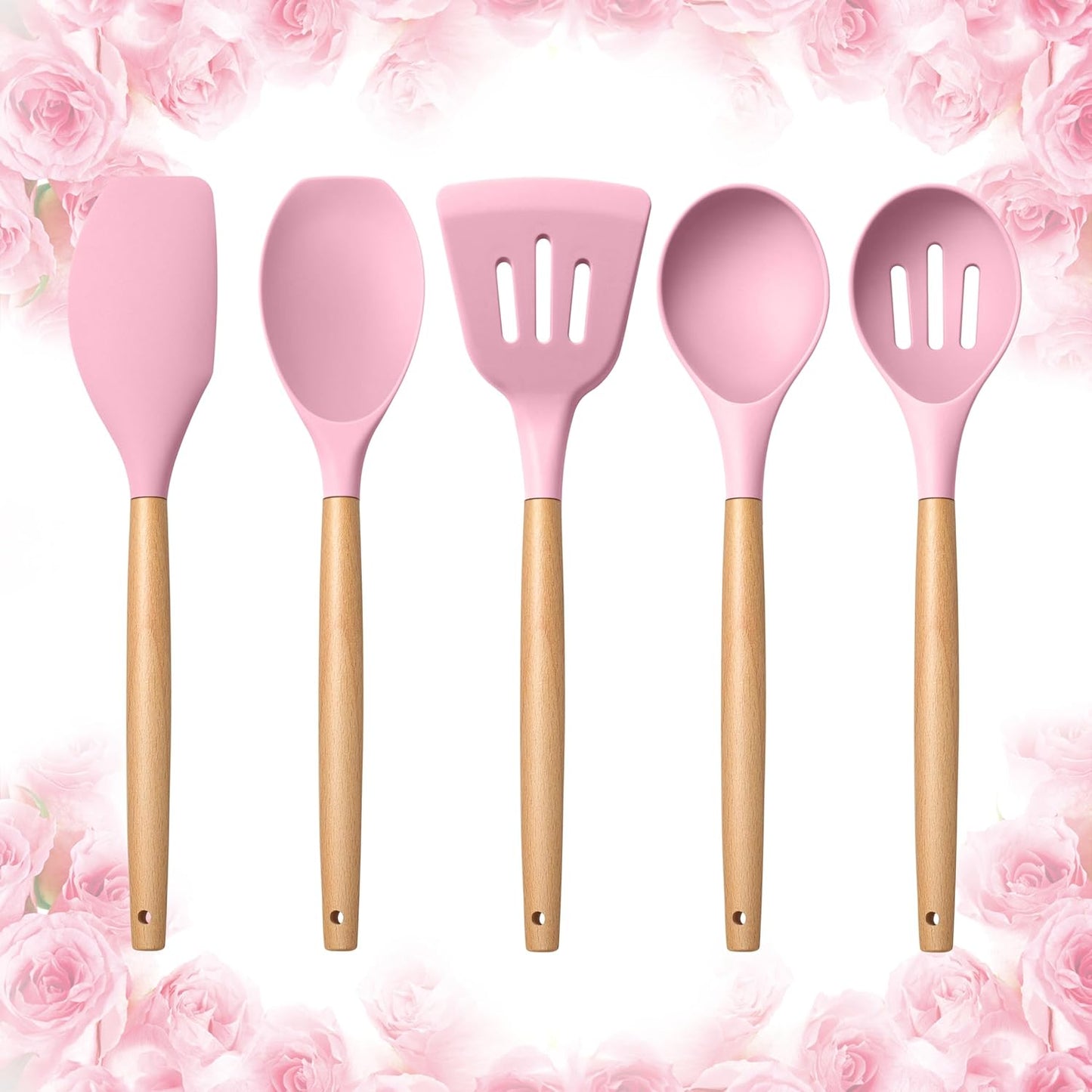 E-far Silicone Cooking Utensils Set, 5-Piece Kitchen Utensils Set with Wooden Handle for Cooking, Silicone Kitchen Nonstick Tools Spatula Turner Slotted Spoons, Nontoxic & Heat Resistant-Pink