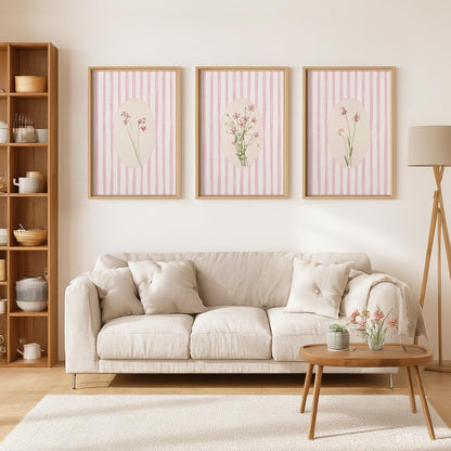 Youillne Pink Flower Wall Art Striped Floral Prints Botanical Canvas Wall Decor Aesthetic Pictures Pastel Pink Floral Poster Minimalist Flower Painting for Girl Room 12x16 Inch Unframed Set of 3
