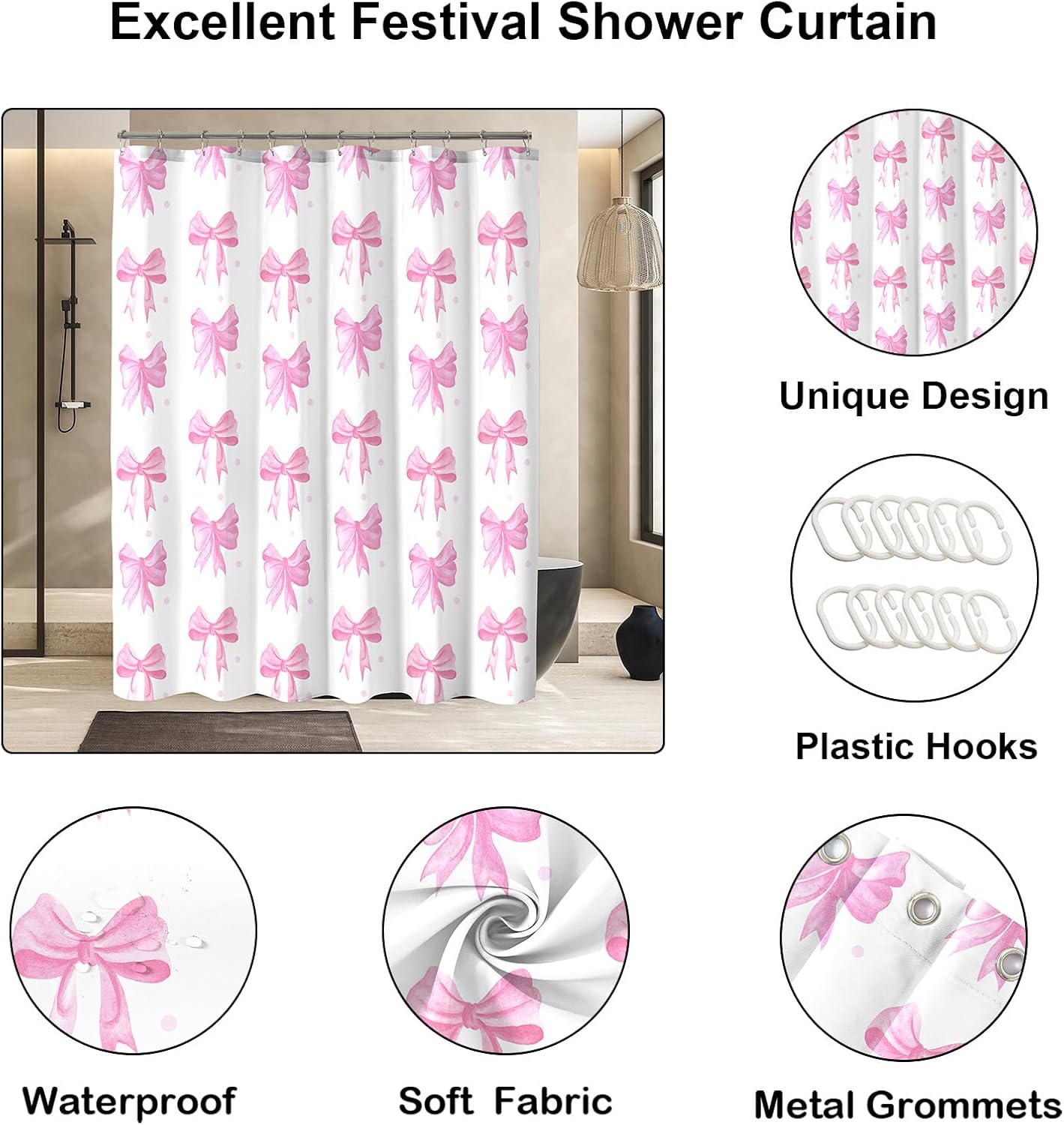 Pink Shower Curtain, Cute Bow Kids Girls Girly Fabric Bathroom Curtains Set with Hooks, Waterproof Home Decoration, 72x72 Inch