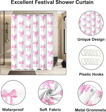 Pink Shower Curtain, Cute Bow Kids Girls Girly Fabric Bathroom Curtains Set with Hooks, Waterproof Home Decoration, 72x72 Inch