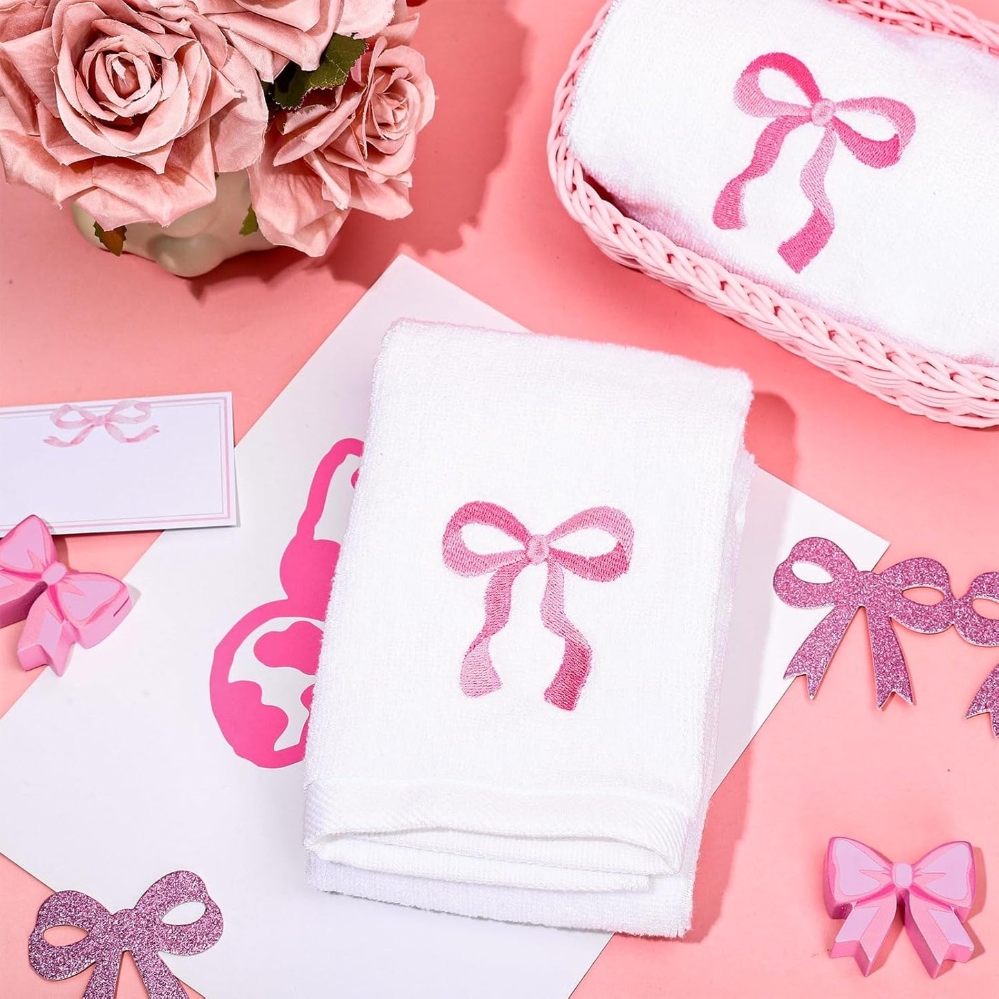FYSUIMU 2Pcs Pink Bow Hand Towels Cotton Embroidered Bathroom Towels Coquette Bowknot Absorbent Bath Towel for Hand Drying Cleaning Cooking, 29.5 x 13.7 Inch