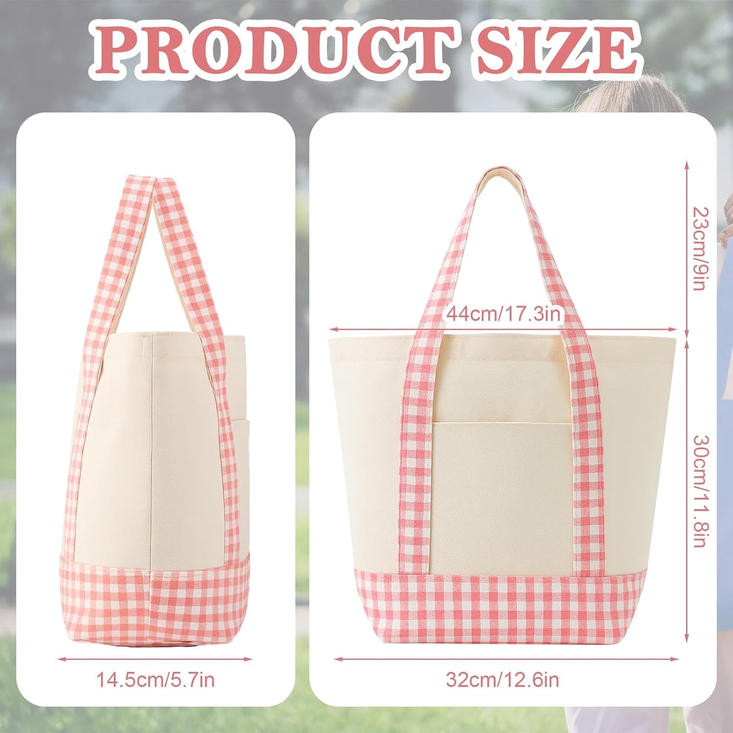 Eccliy 1 Pcs Mini Canvas Tote Bags 13 x 11 x 6 Small Tote Shopping Bag Bulk with Pocket Handle Blank Heavy Duty Reusable Canvas (13 X 11 X 6,Pink Plaid)