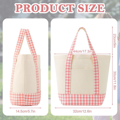 Eccliy 1 Pcs Mini Canvas Tote Bags 13 x 11 x 6 Small Tote Shopping Bag Bulk with Pocket Handle Blank Heavy Duty Reusable Canvas (13 X 11 X 6,Pink Plaid)