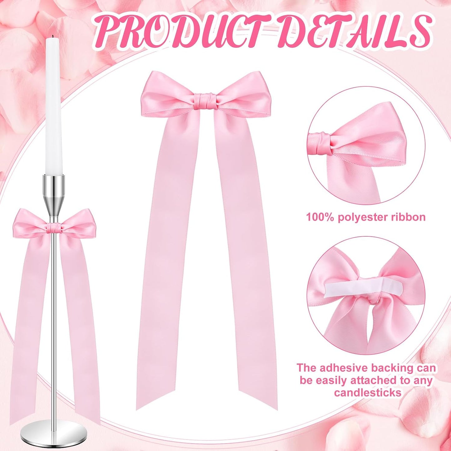Teenyyou 12 Pcs Pink Candlestick Bows Decor 13 Inch Large Coquette Decorations Bows for Table Self Adhesive Candle Holder Gift Wrapping Wedding Bridal Shower Bachelorette Party Centerpieces