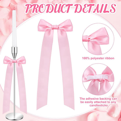 Teenyyou 12 Pcs Pink Candlestick Bows Decor 13 Inch Large Coquette Decorations Bows for Table Self Adhesive Candle Holder Gift Wrapping Wedding Bridal Shower Bachelorette Party Centerpieces