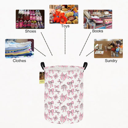 Collapsible Fabric Storage Basket, Waterproof Laundry Hamper with Handles, Round Storage Bin for Clothes Toys, Foldable Organizer for Bedroom Nursery Bathroom(Round-Pink Bow)