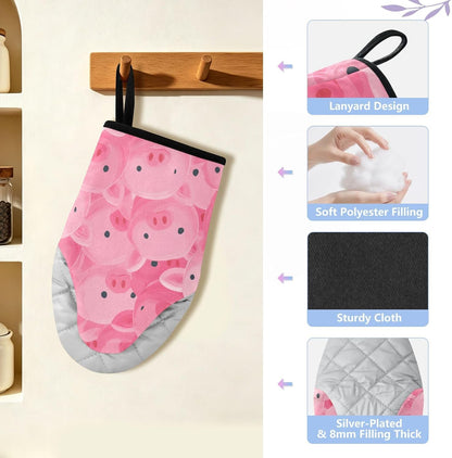 Oven Mitt 2 Pack Set Pigs Pink Pattern Kitchen Mitts Gloves for for Cooking Baking Grilling