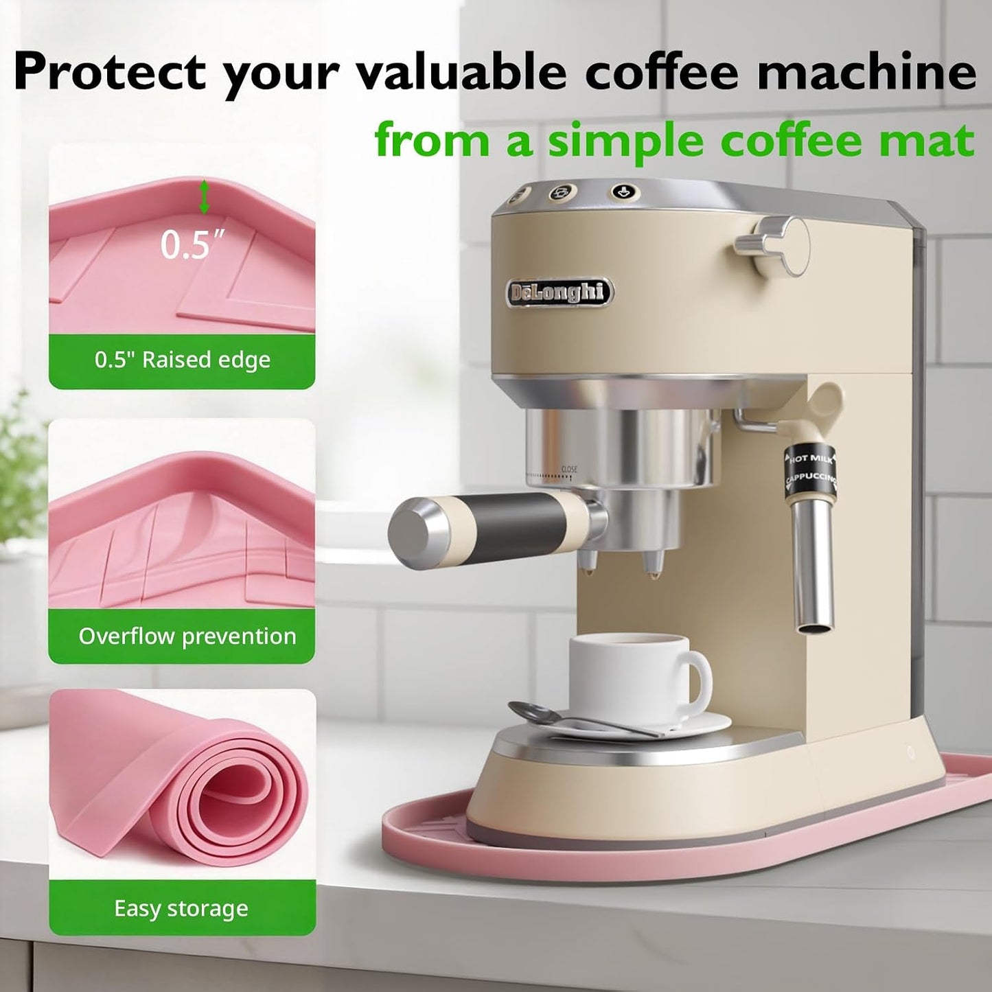 Silicone Coffee Mat,15.8"x 7.8"in Bar Mat for Countertop,Heat-Resistant,Non-Slip,Leak-Proof,Fit for Coffee Maker/Espresso Machine-Pink