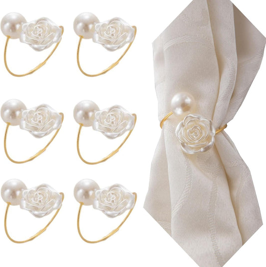 Gold Rose Pearl Valentine's Day Napkin Rings Set of 6, Metal Valentine's Day Napkin Holders Table Decorations Mother's Day Wedding Party Supplies