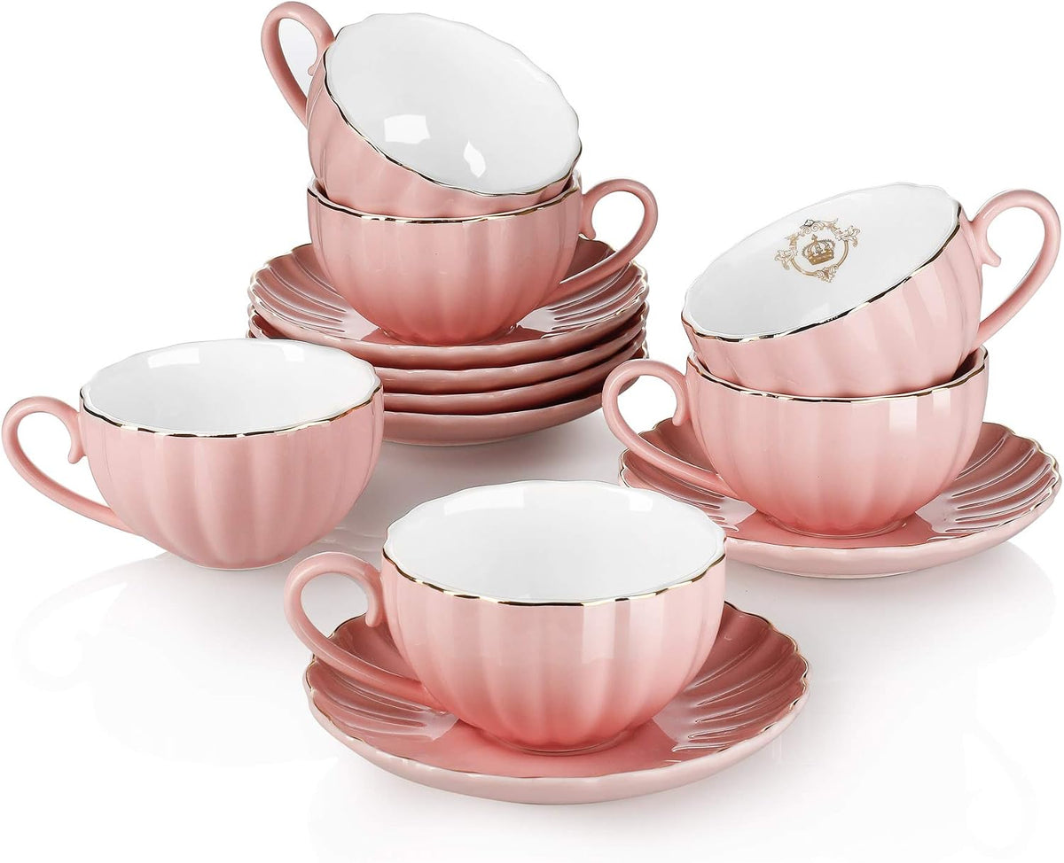 Royal Tea Cups and Saucers, with Gold Trim and Gift Box, British Coffee Cups, Porcelain Tea Set, Set of 6 (8 oz)- Pink