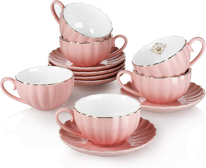 Royal Tea Cups and Saucers, with Gold Trim and Gift Box, British Coffee Cups, Porcelain Tea Set, Set of 6 (8 oz)- Pink