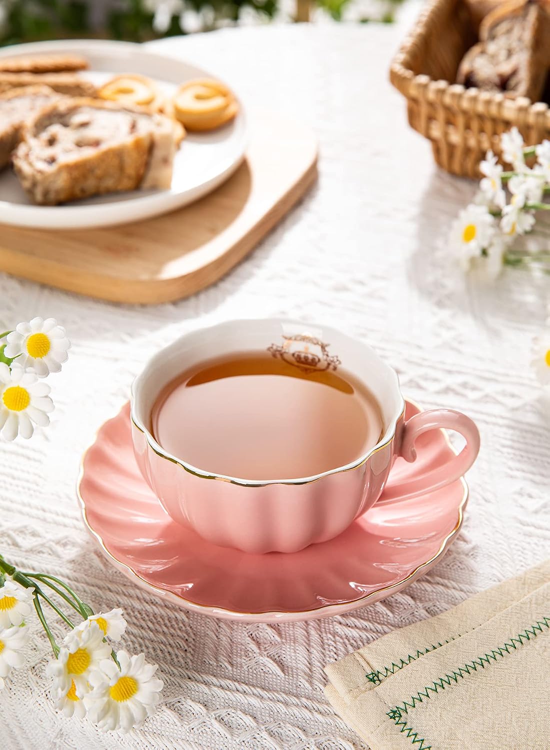 Royal Tea Cups and Saucers, with Gold Trim and Gift Box, British Coffee Cups, Porcelain Tea Set, Set of 6 (8 oz)- Pink