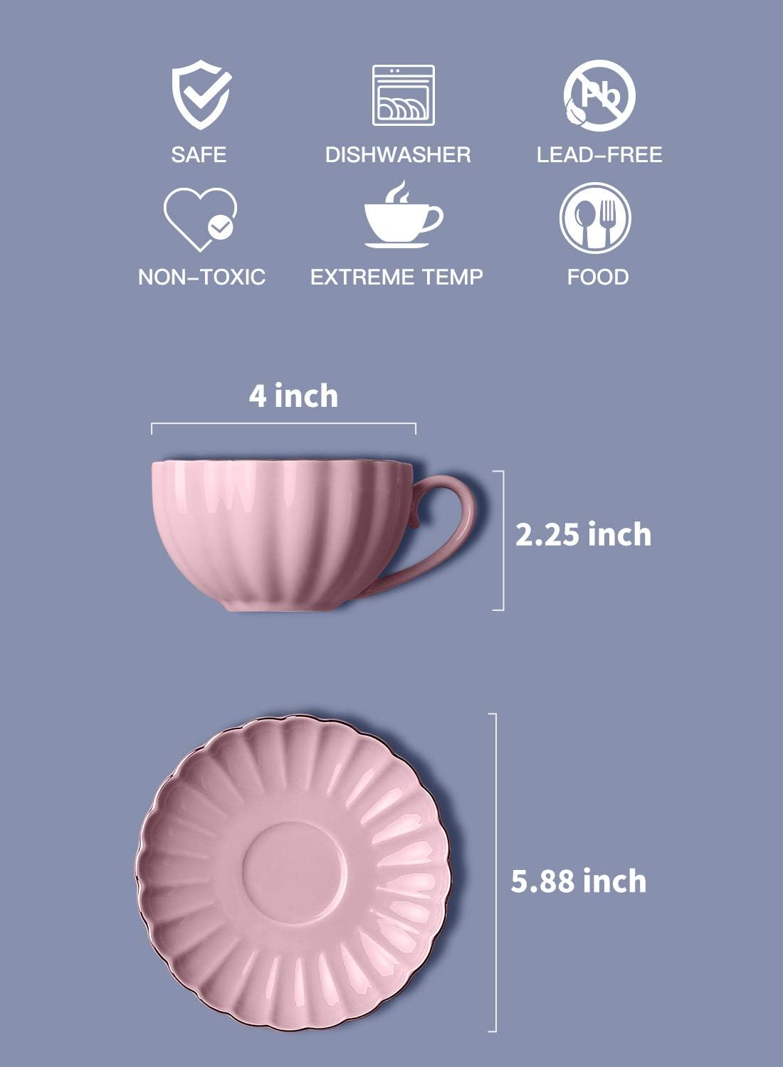 Royal Tea Cups and Saucers, with Gold Trim and Gift Box, British Coffee Cups, Porcelain Tea Set, Set of 6 (8 oz)- Pink