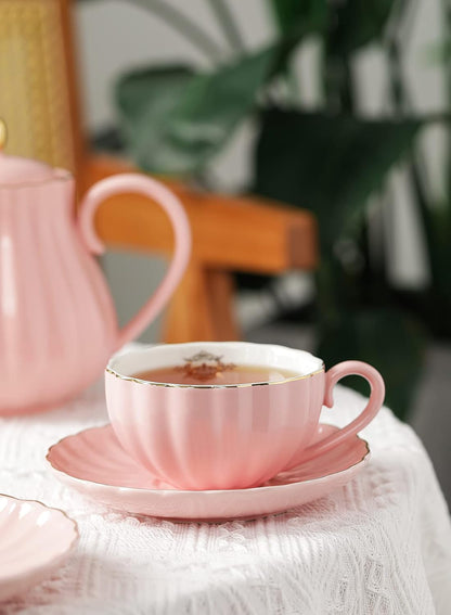 Royal Tea Cups and Saucers, with Gold Trim and Gift Box, British Coffee Cups, Porcelain Tea Set, Set of 6 (8 oz)- Pink