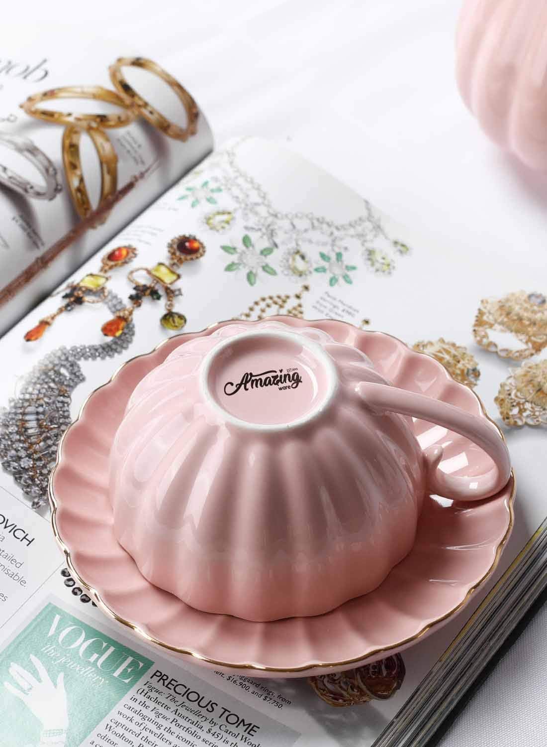 Royal Tea Cups and Saucers, with Gold Trim and Gift Box, British Coffee Cups, Porcelain Tea Set, Set of 6 (8 oz)- Pink